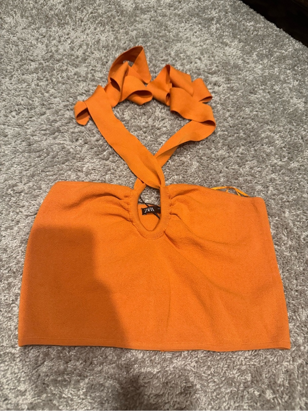 Zara Bright Orange Halter Knit Crop Top with Ruffle Straps